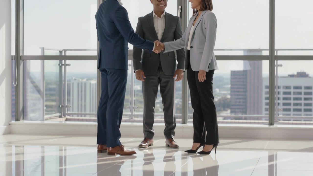 After reaching partners in suits shaking hands agreeing at windows center man with specs watching