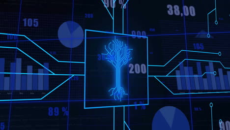 animación de procesamiento de datos y placa de circuitos informáticos sobre un fondo oscuro