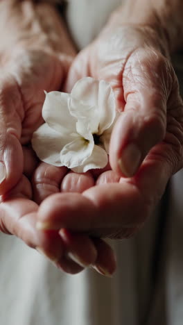 elderly hands gently holding a delicate white flower