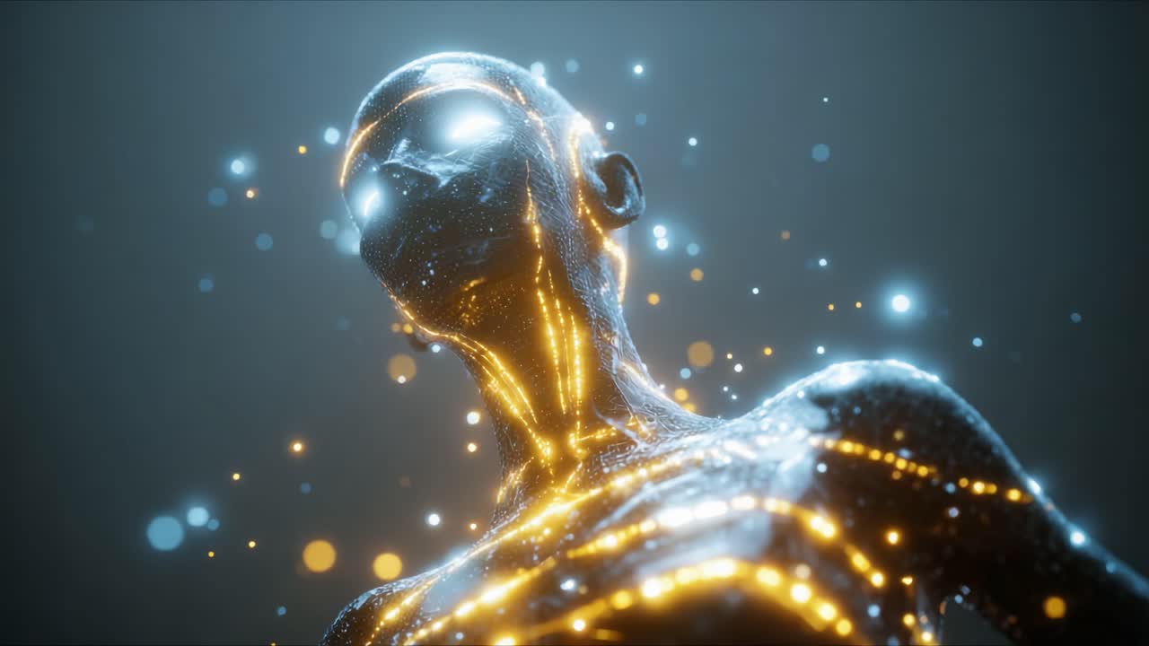A Breathtaking Visualization of a Futuristic Human Figure Embellished with Radiant Energy Patterns and Ethereal Light Effects, Captivating the Essence of Digital Artistry