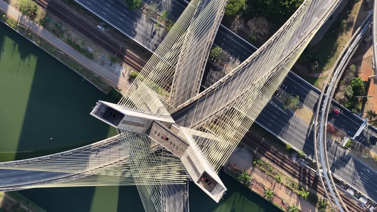 Cable Bridge At Sao Paulo In Brazil. Downtown Cityscape. Cable Bridge. Highrise Buildings Landscape. Cable Bridge At Sao Paulo In Brazil. Metropolitan Background. Sao Paulo Brazil