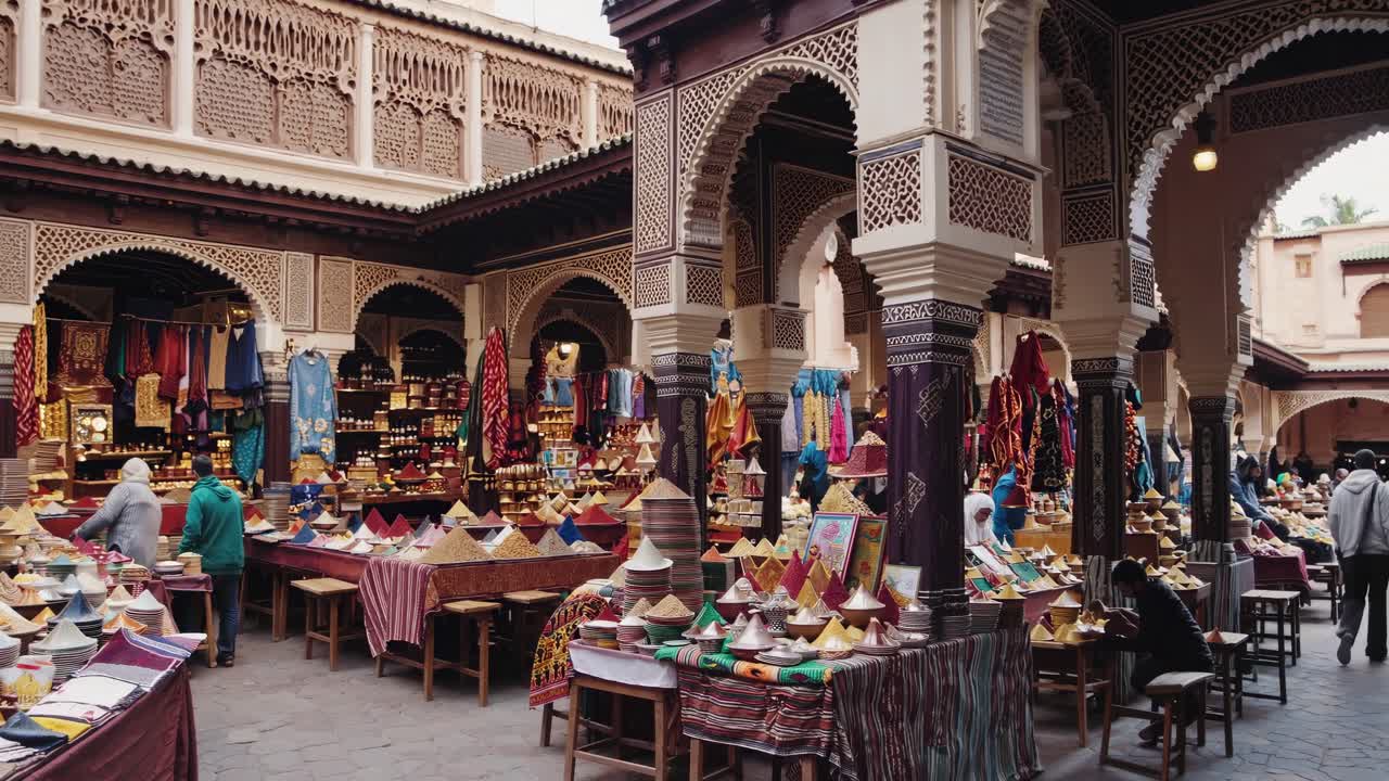 Vibrant market scene captured at eye level, showcasing colorful textiles and spices