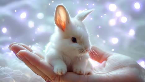 a person holding a small white rabbit in their hands