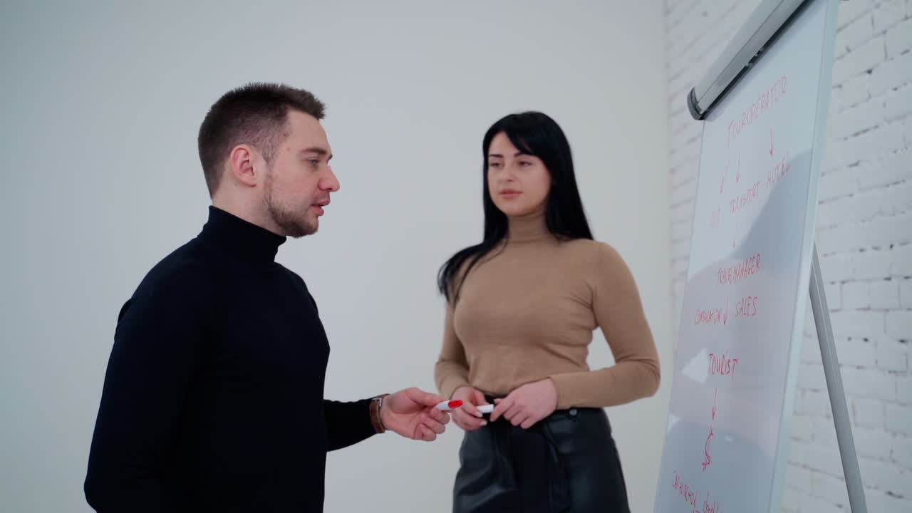 Young woman asks man about new project. Beautiful female listens the business partner. Young man answers the woman while looking on a board.