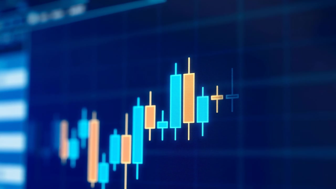 Tight close-up of financial candlestick chart on dark navy digital display, showing clustered cyan and orange vertical bars trending upward toward center-right with several candles exhibiting long