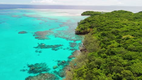 flying along island coral reef in fiji