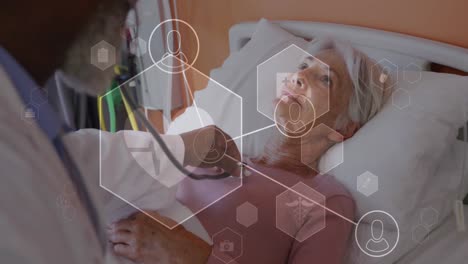animation of medical icons over montage of diverse doctors and senior female patient in hospital