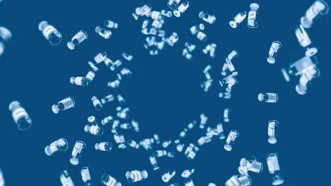 volando muchas botellas de vacunas en fondo azul. concepto médico. cura de virus. líquido transparente. animación de bucle 3d de vacunas.
