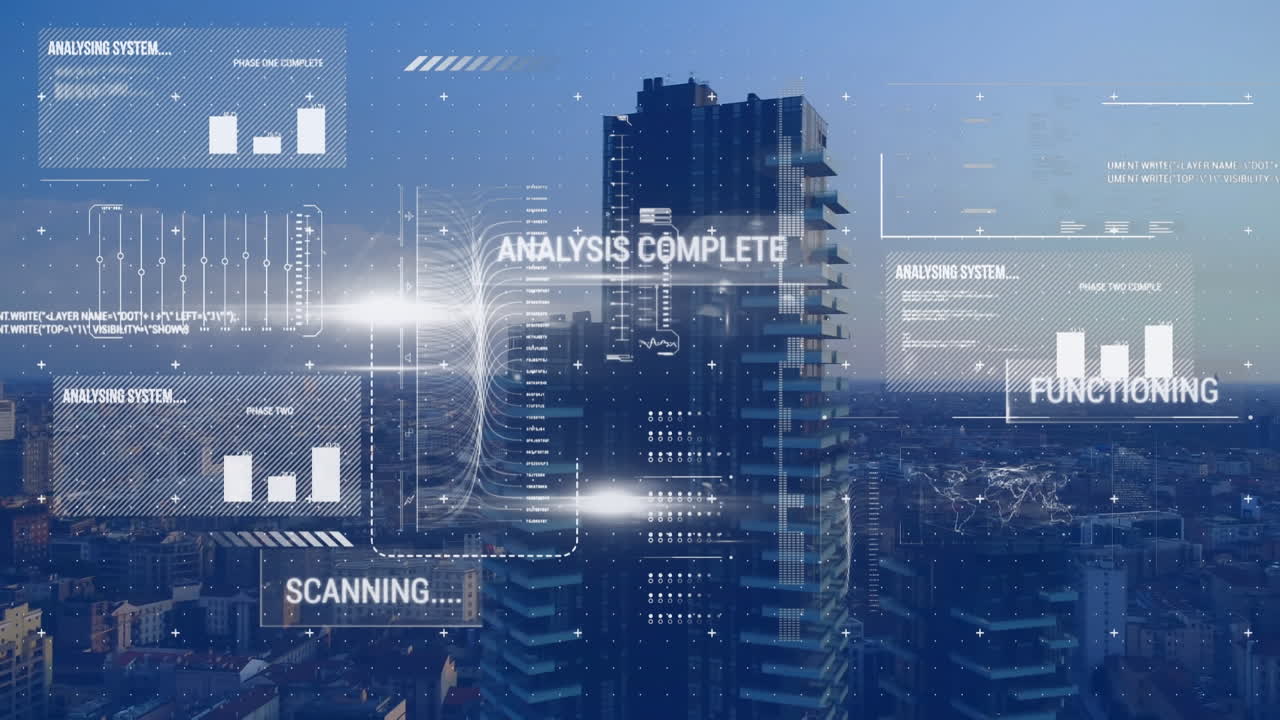 Animation of financial data processing over cityscape