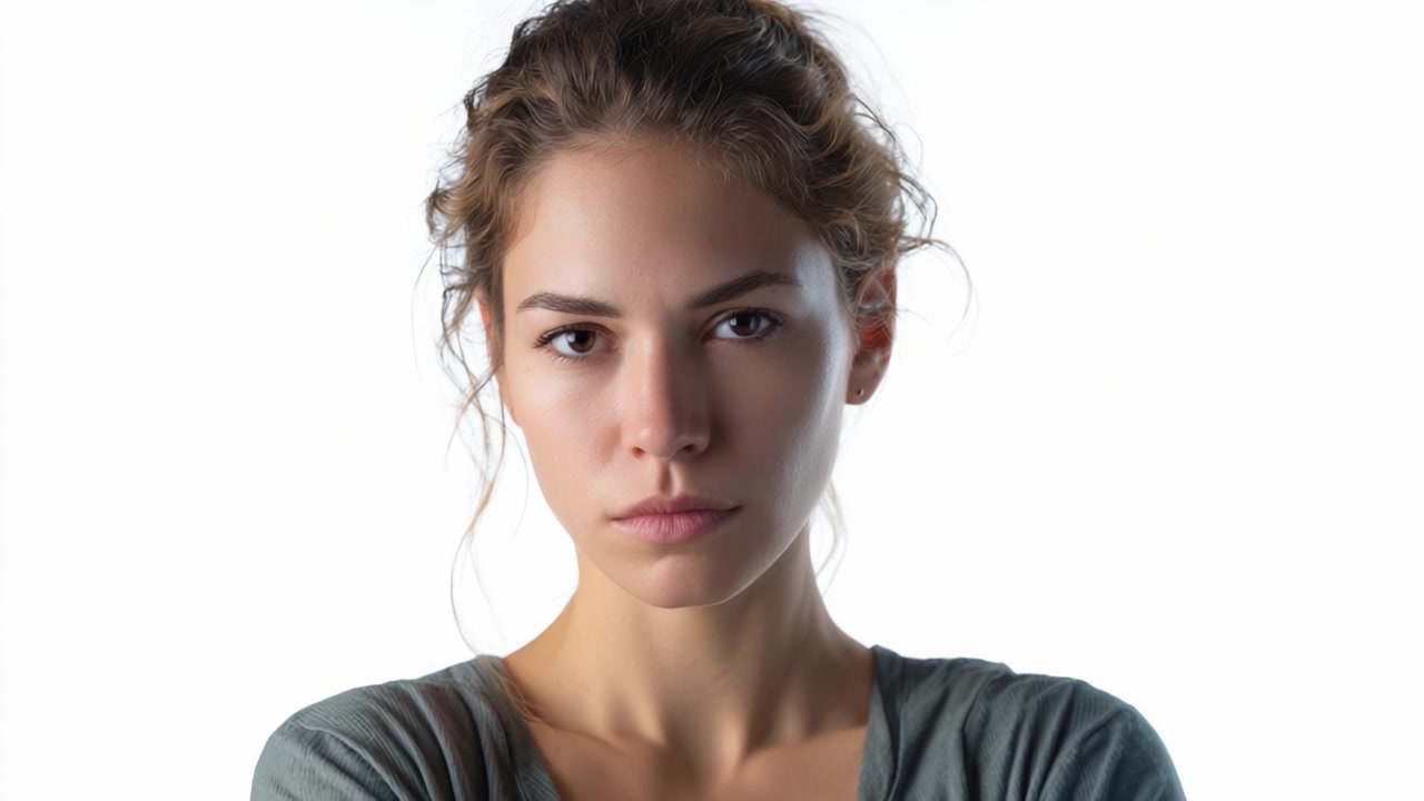 Portrait of a confident young woman with an intense expression, showcasing natural beauty and a strong presence against a clean, white background.