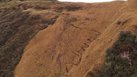 Eroded-Steep-Slope-at-Casahuala-Mountain-in-Ecuador,-Aerial-View-of-Edge-of-Natural-Extinct-Volcano-Site