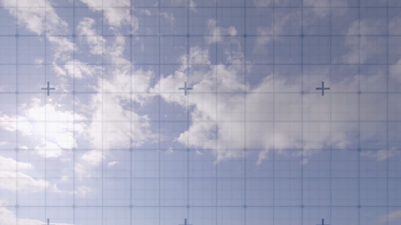 Animation of clouds drifting across sky with grid overlay pattern in view