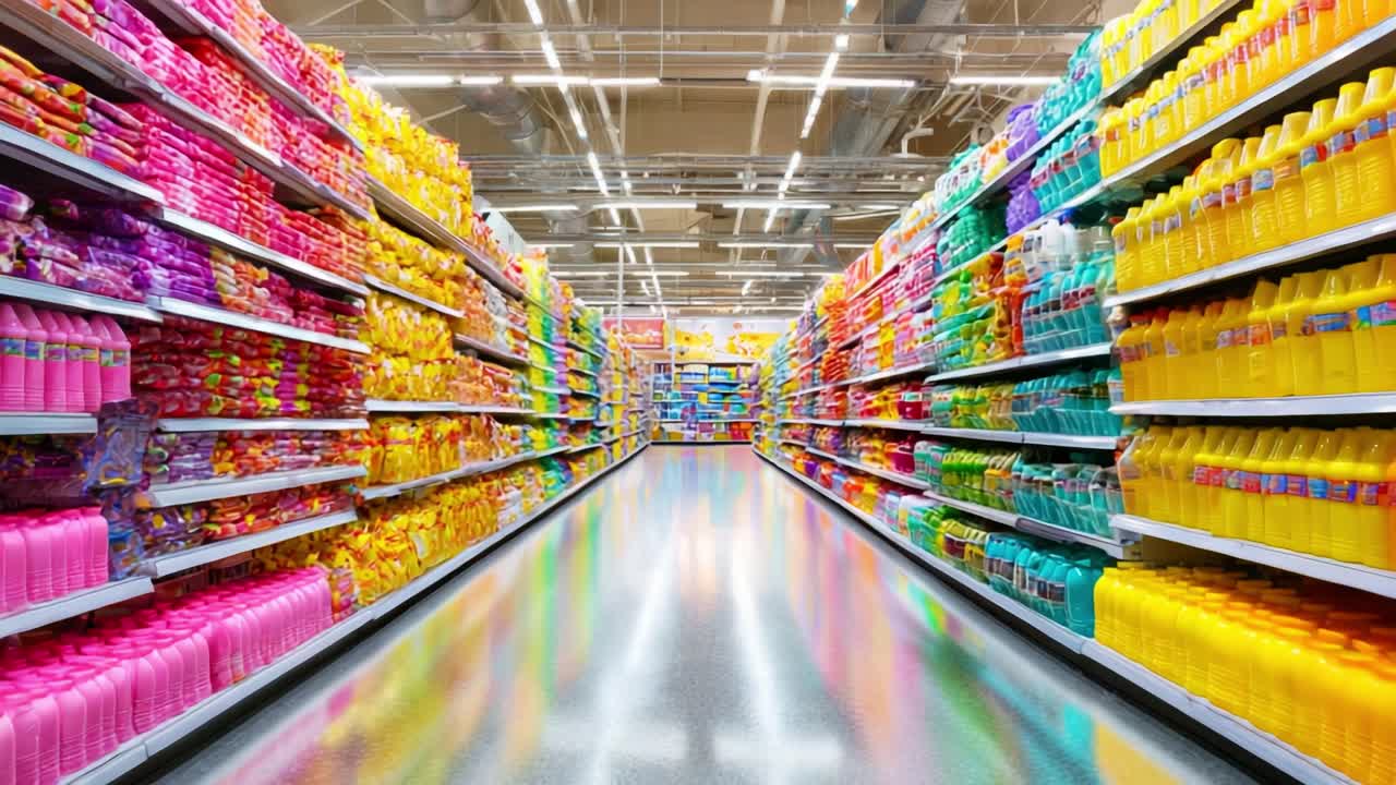 A vibrant aisle in a retail store showcasing a colorful arrangement of various cleaning products and household goods, highlighting the aisle's brightness and diversity in packaging design