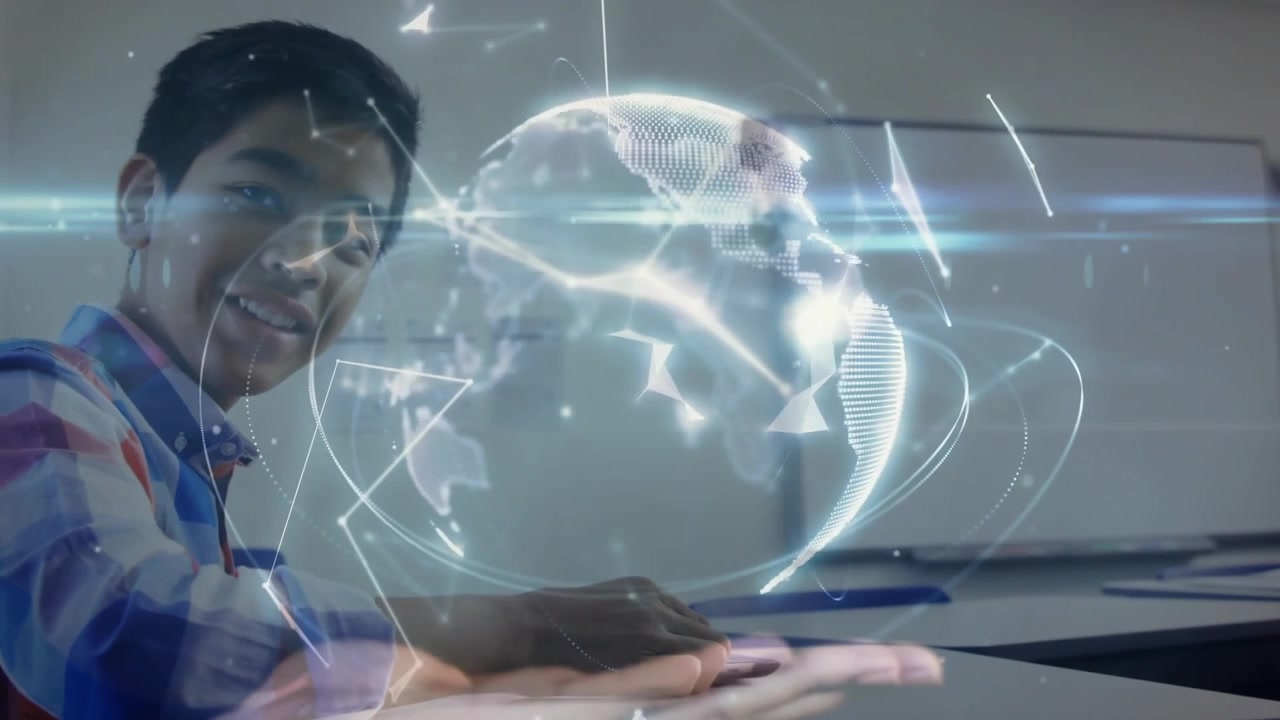 Teenage boy tapping tablet screen and generating holographic data globe for classroom learning
