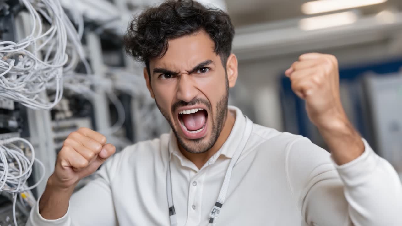 Frustrated IT Professional Expressing Anger in a Server Room, Conveying Strong Emotions of Discontent and Stress with Raised Fists and Fierce Expression