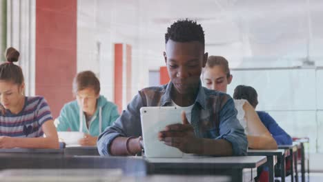 animation of multiracial students using tablets in classroom and surgeon wearing gloves in hospital