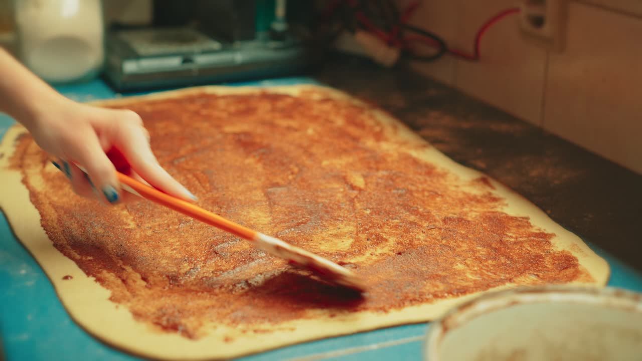 Primo piano di mani adolescenti che usano una spatola per stendere un impasto di cannella, zucchero e burro sulla pasta stesa. Ricca consistenza del ripieno dolce per i tradizionali cinnamon rolls
