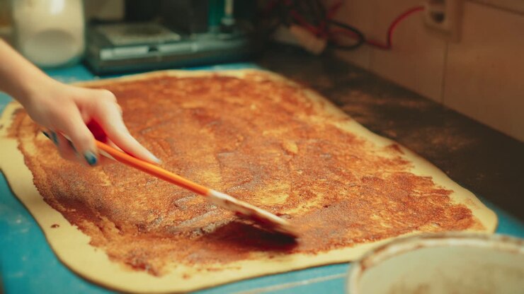 Primo piano di mani adolescenti che usano una spatola per stendere un impasto di cannella, zucchero e burro sulla pasta stesa. Ricca consistenza del ripieno dolce per i tradizionali cinnamon rolls