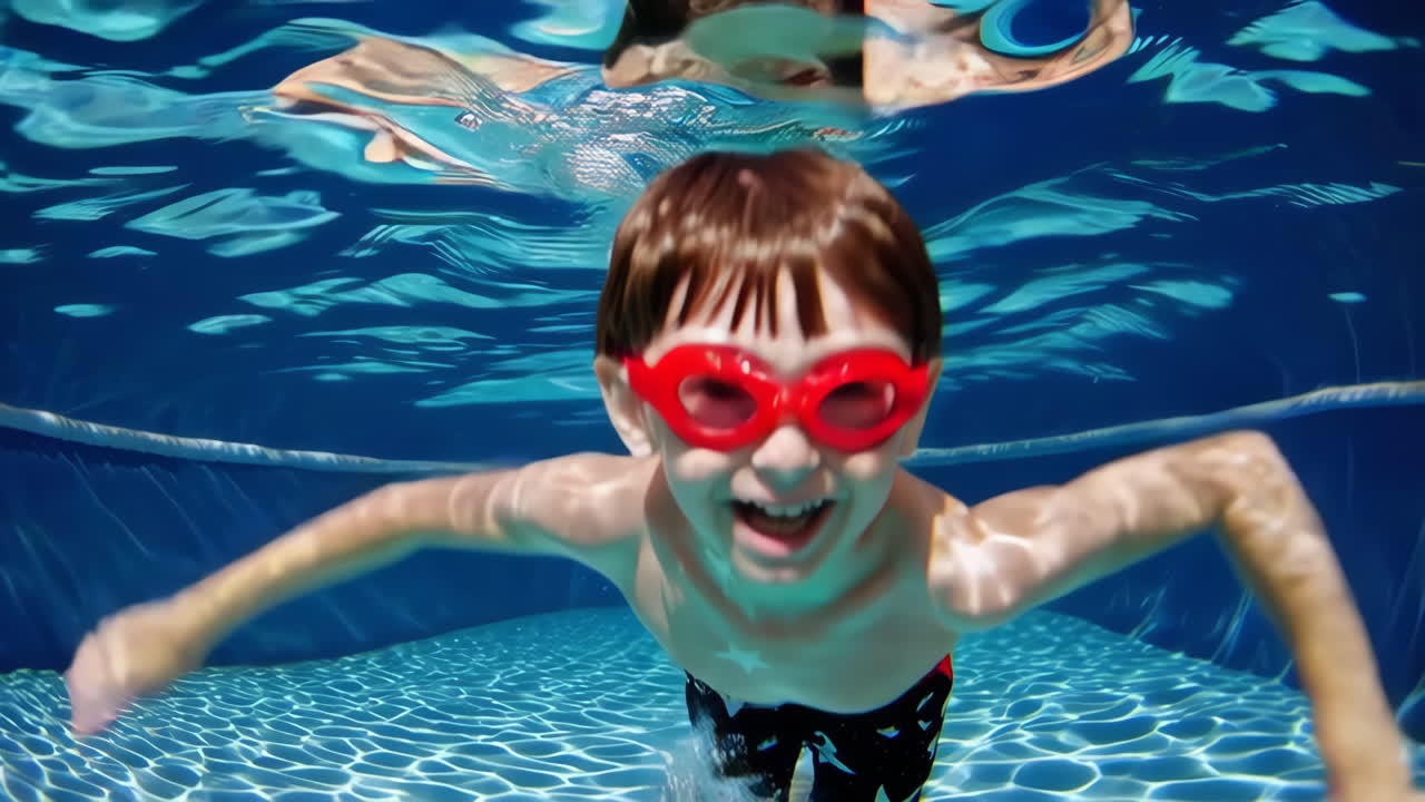 Happy Boy Swims Underwater in Pool with Red Goggles