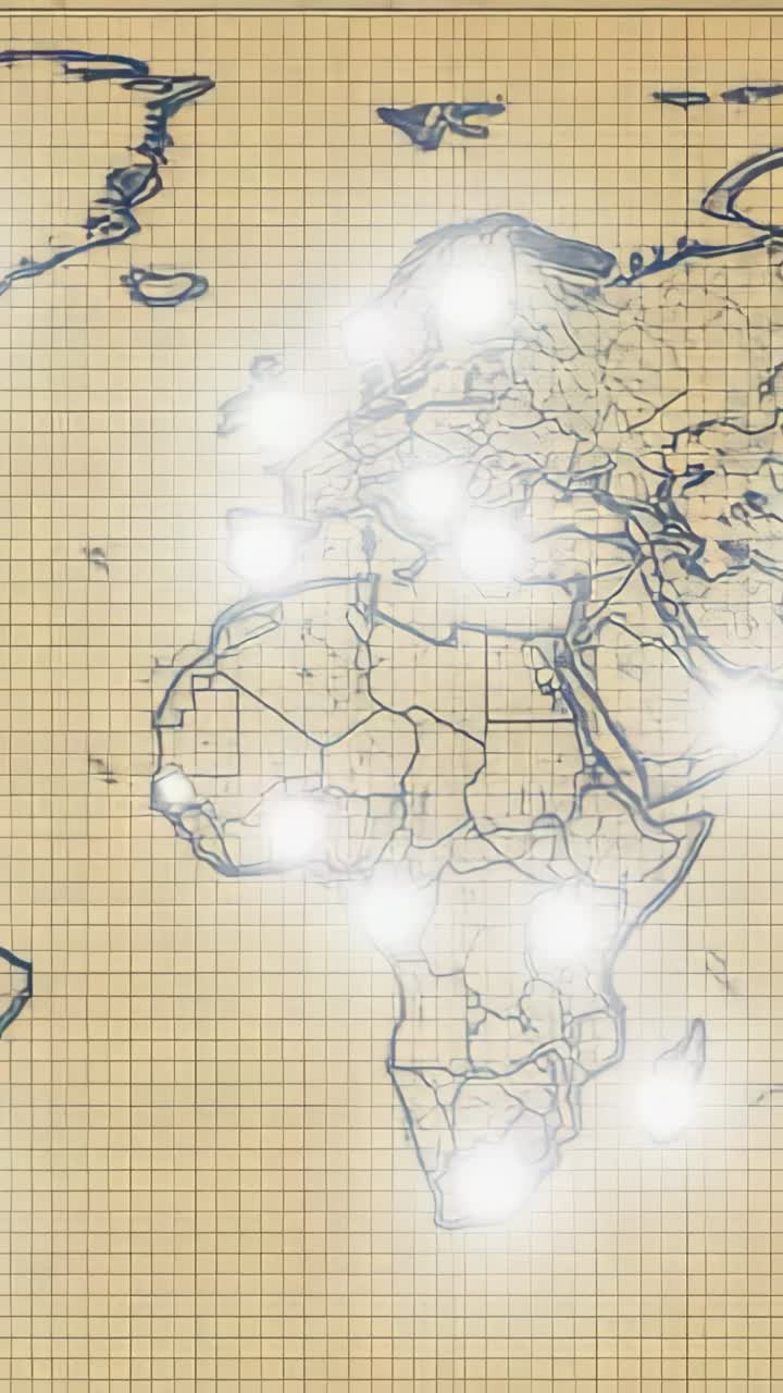 Vertical video: Opening blue Africa-Europe outline on grid glowing markers pulsing to map network