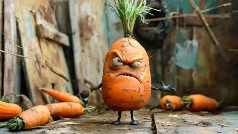 a carrot with an angry face standing in front of a bunch of pumpkins