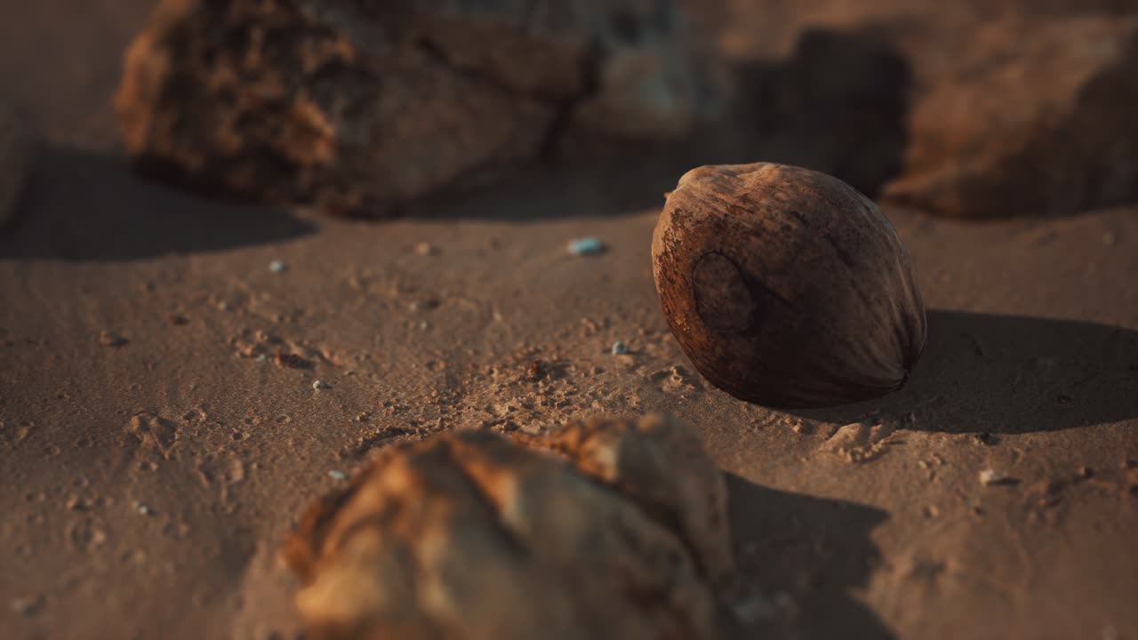 coco marrón en la arena de la playa