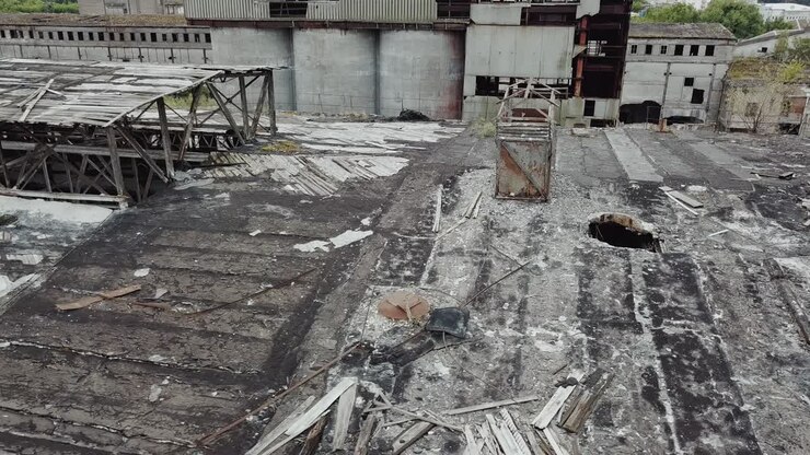 Ruins of an old factory. Old industrial building for demolition. Aerial view