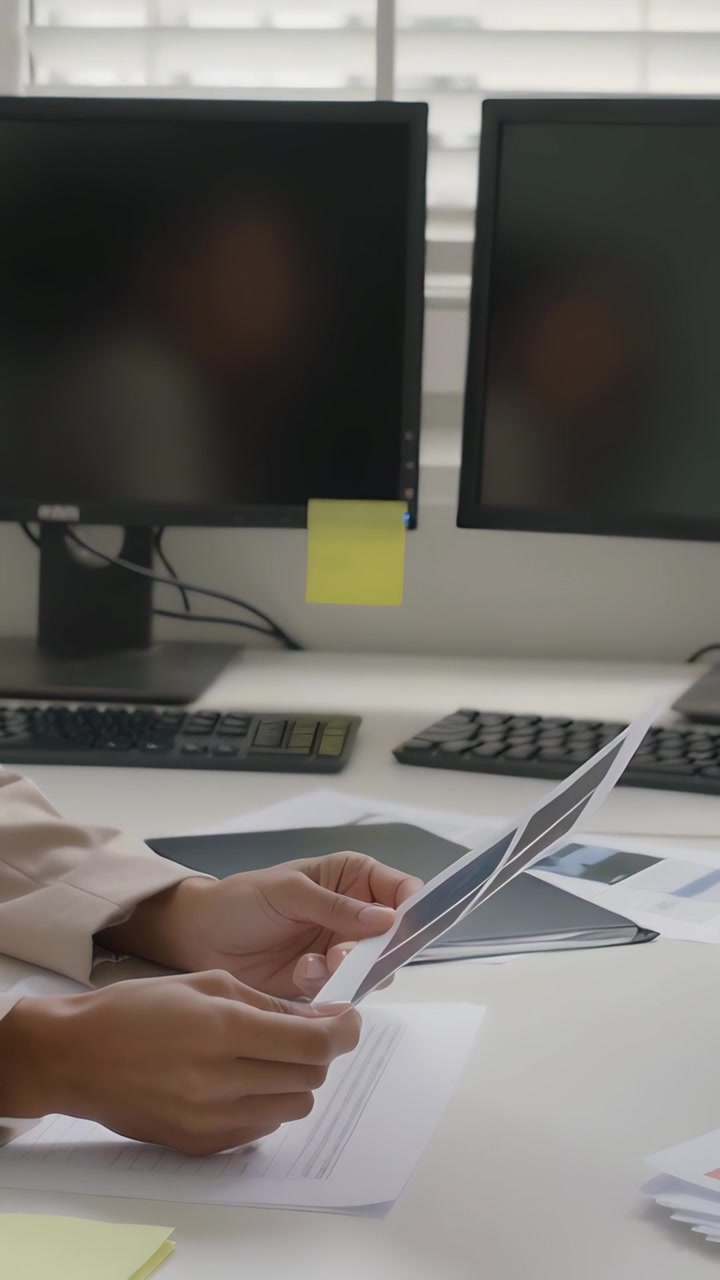 Vertical video: Reaching one sheet, hands with beige sleeves riffling papers at desk, organizing