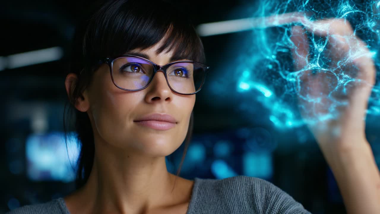 An innovative woman with glasses interacts with a holographic display, showcasing her fascination with technology and science as she engages with a mesmerizing visual representation of dynamic neural networks