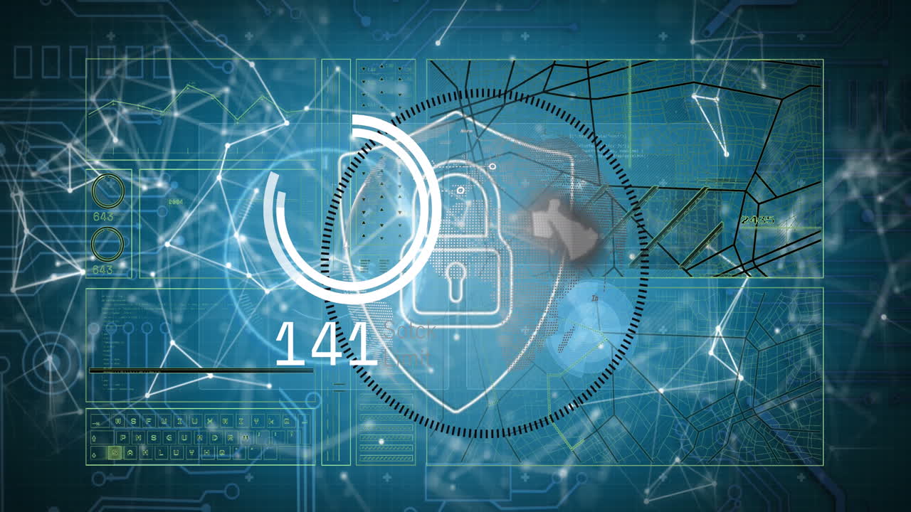 animación del candado de seguridad en línea, estadísticas y procesamiento de datos.