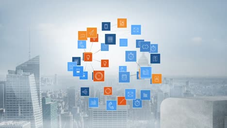 Animation-of-network-of-connections-with-icons-over-cityscape