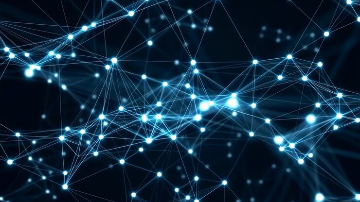 Rete astratta di nodi luminosi e linee di connessione che si diffonde su un campo blu scuro, formando un denso cluster centrale con dati futuristici