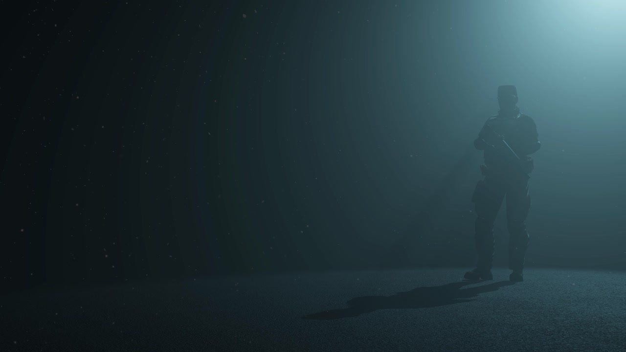 soldado moderno de pie dentro de un espacio oscuro, con luz volumétrica detrás de él y partículas de polvo flotando, animación 3d, vista derecha, cámara zoom lentamente