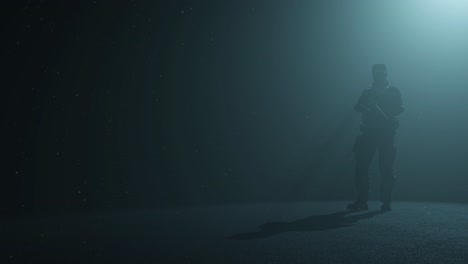 modern soldier standing inside a dark space, with volumetric light behind him and dust particles floating, 3d animation, right view, camera zoom slowly