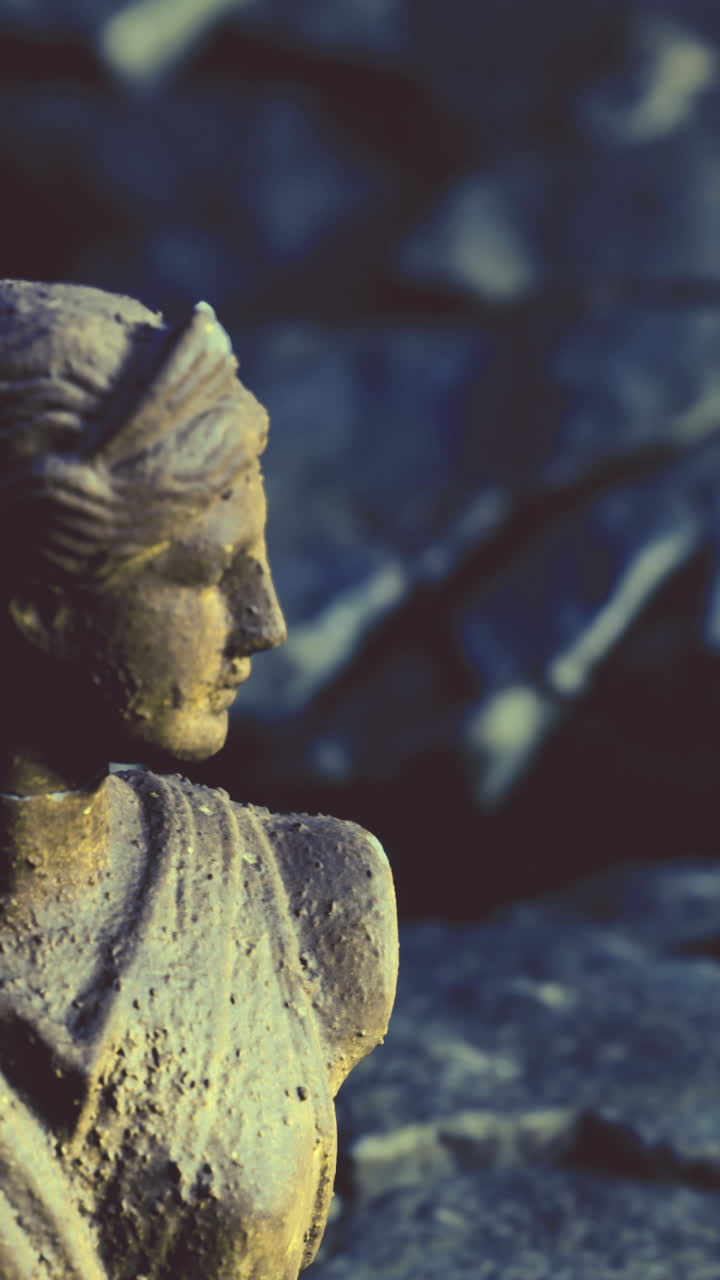 Detaljeret arkæologisk buste belyst under transportabel forskningsbelysning