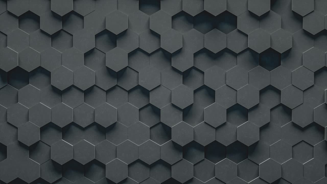 Black geometric hexagonal abstract background. 3D render animation, infinite loop