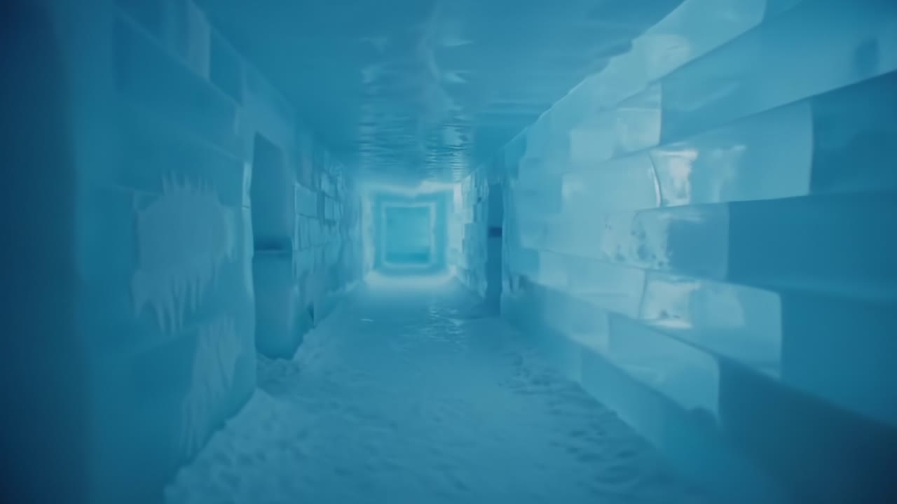 A Serene Journey Through an Icy Corridor: Exploring the Enigmatic Beauty of an Ice-Formed Passageway with Glimmering Light and Frosty Walls