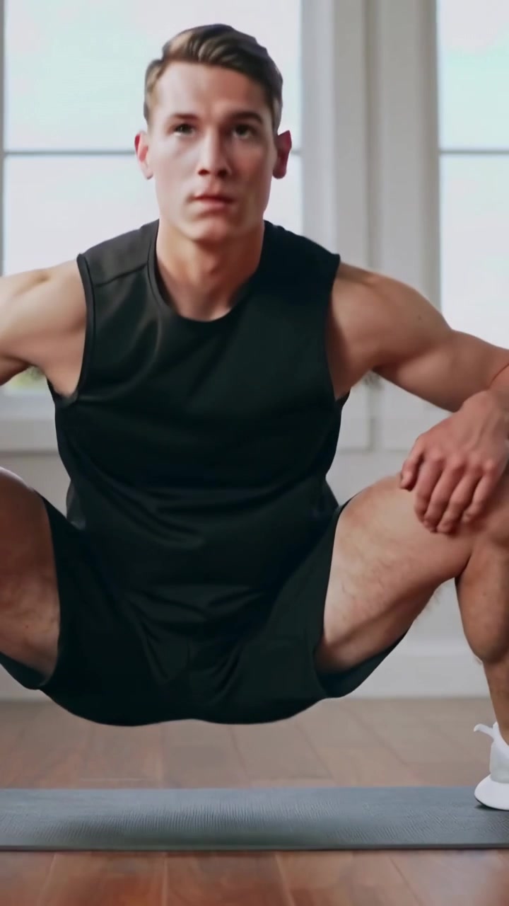 Video verticale: Partendo dalla posizione di plank, un uomo esegue dei tucks in uno squat su un tappetino, indossando abbigliamento sportivo nero.