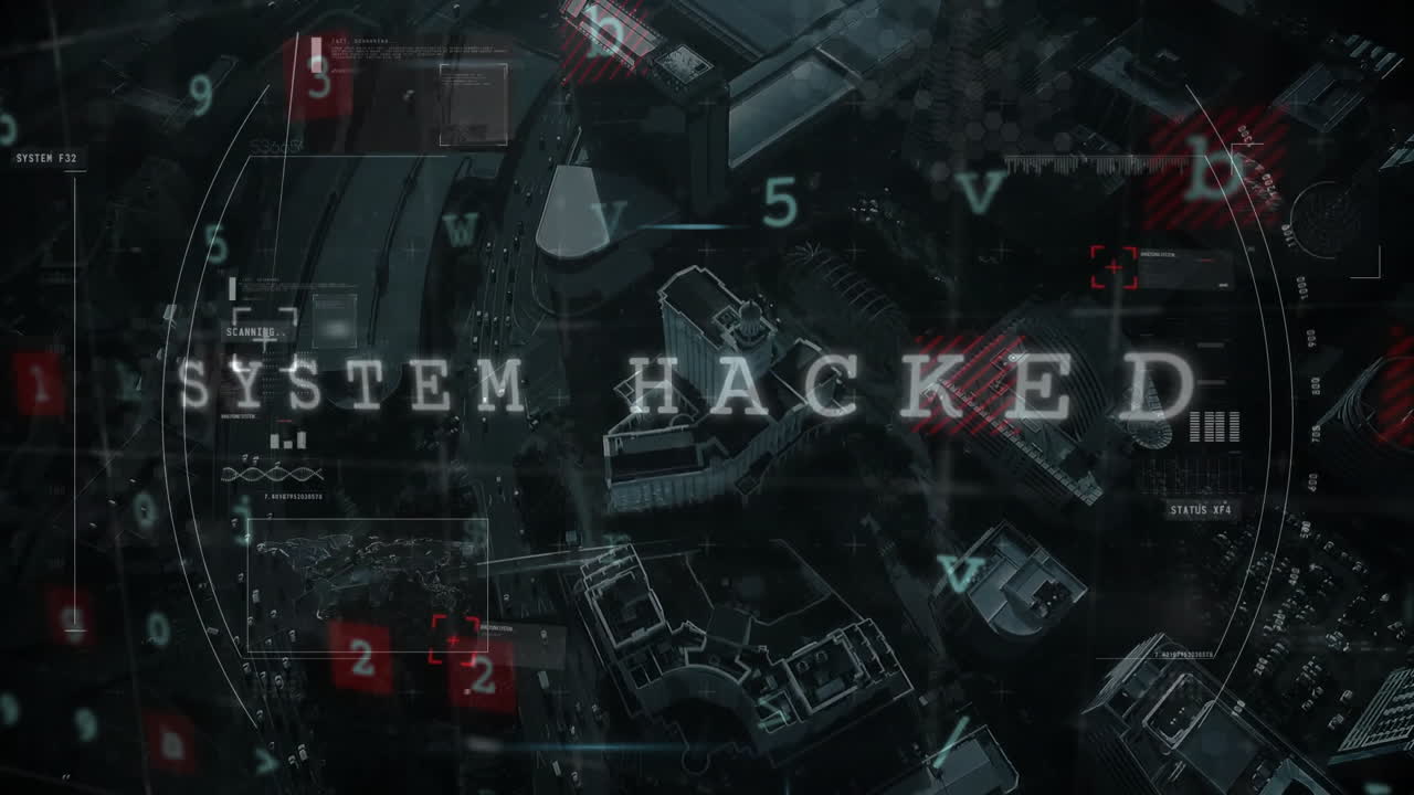 System hacked text animation over aerial view of city with digital codes