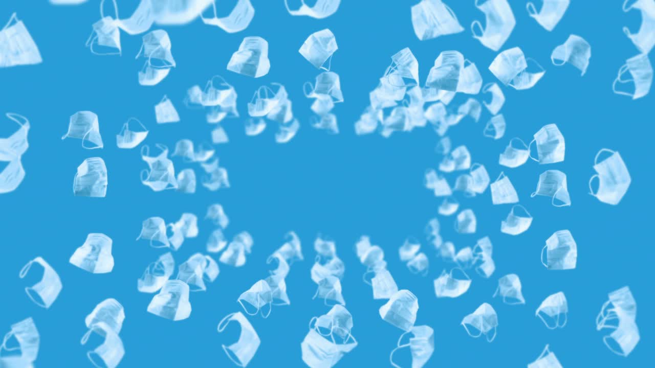 volando muchas máscaras blancas en fondo azul. concepto médico. máscaras de protección quirúrgicas. animación 3d de la máscara giratoria. animación de bucle.