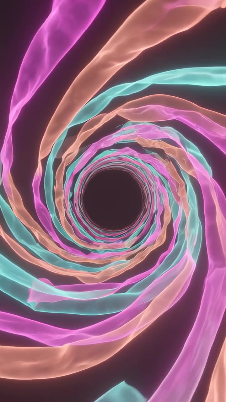 Video verticale: Spirale di nastro al neon rotante che avanza in un tunnel in riproduzione, attirando lo spettatore verso il vuoto