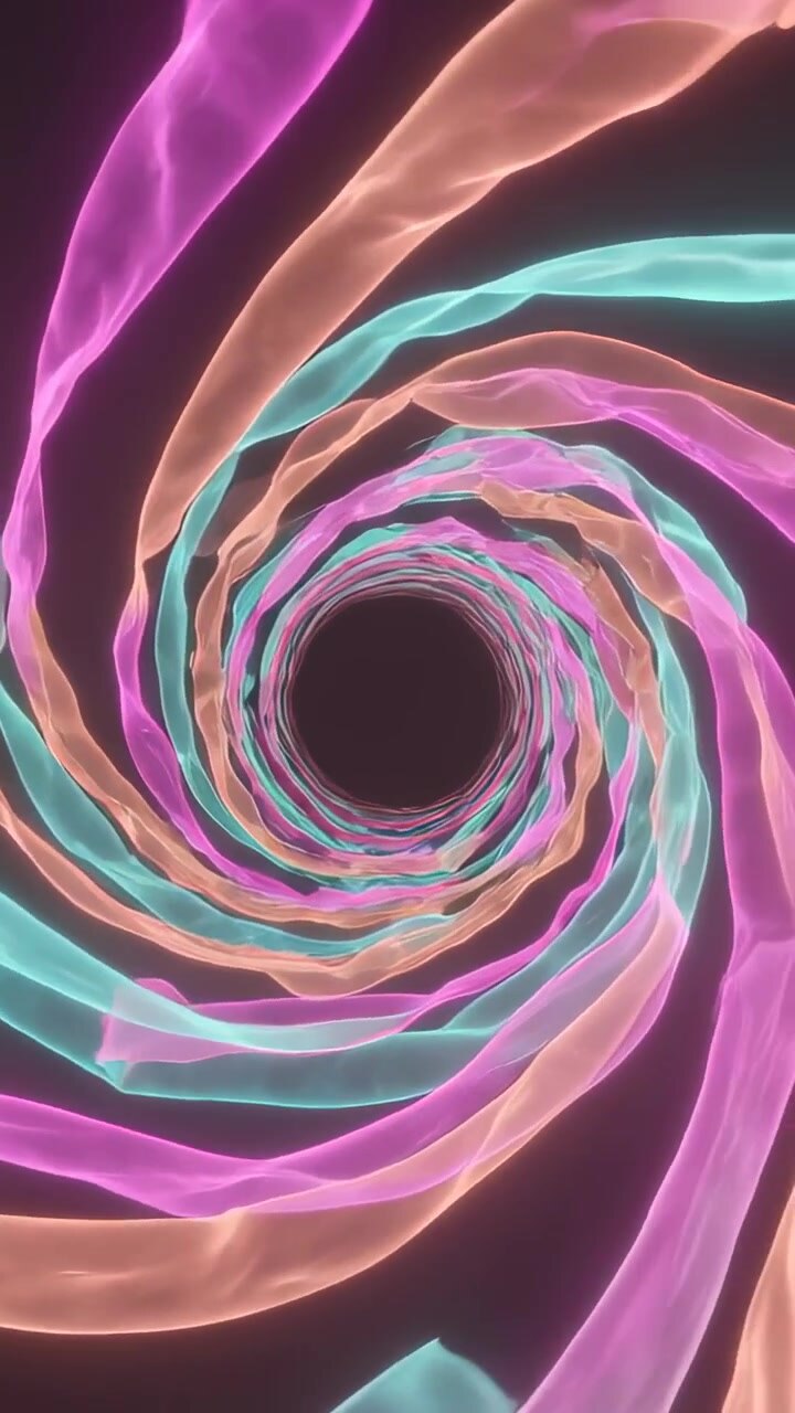 Video vertikal: Spiral pita neon berputar bergerak maju di terowongan saat diputar, menarik penonton menuju kehampaan