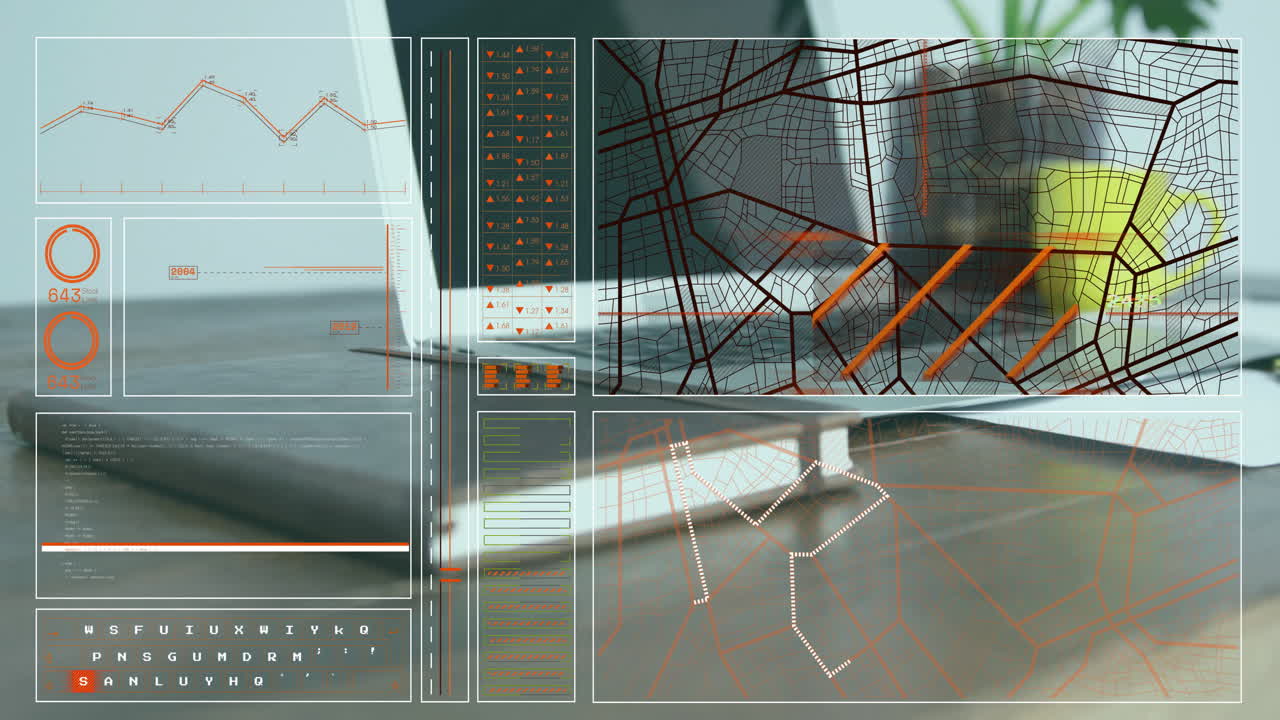 Animation of digital interface with graphs and maps in office environment