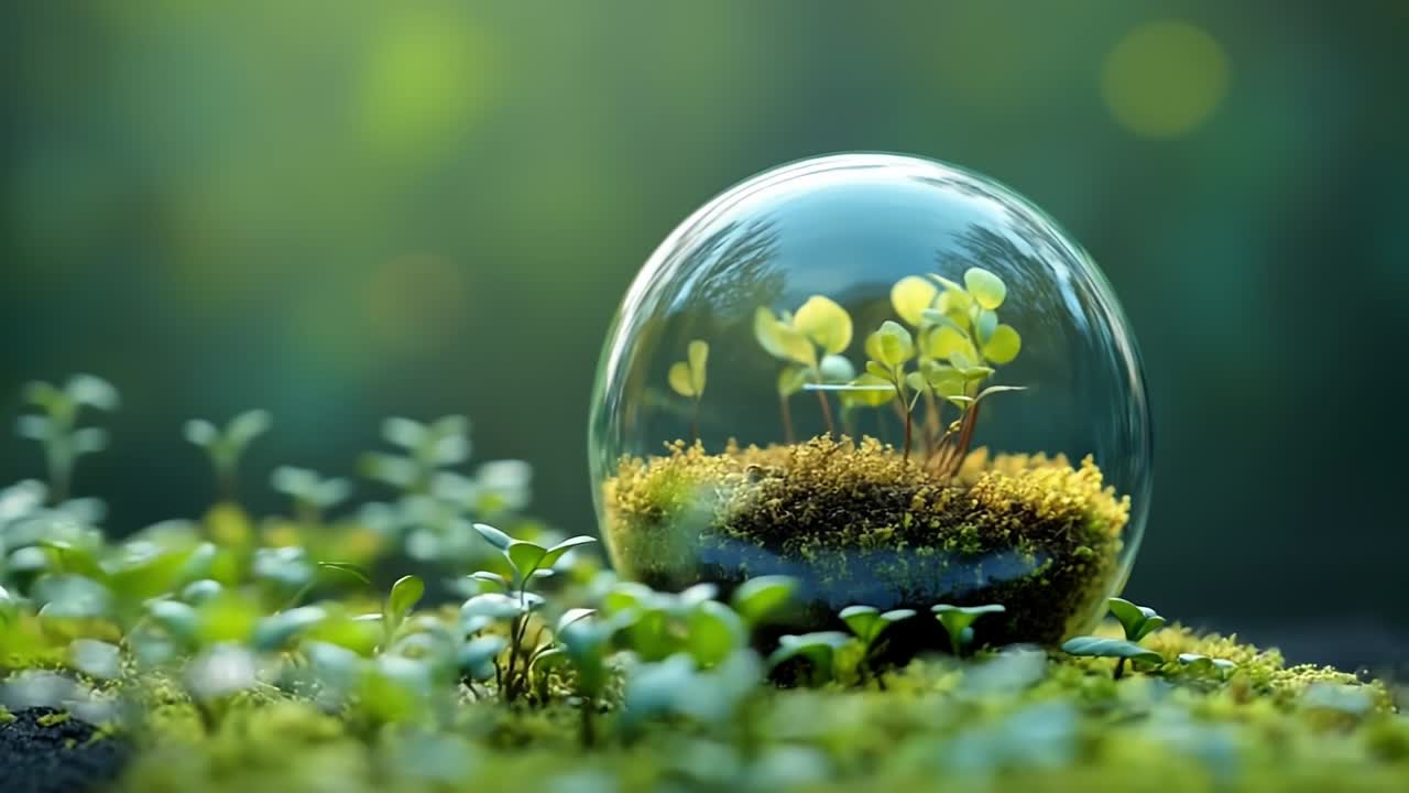 Fresh greenery enclosed in a glass orb. Small plants grow inside a glass orb resting on a bed of moss in a tranquil outdoor setting during daylight.