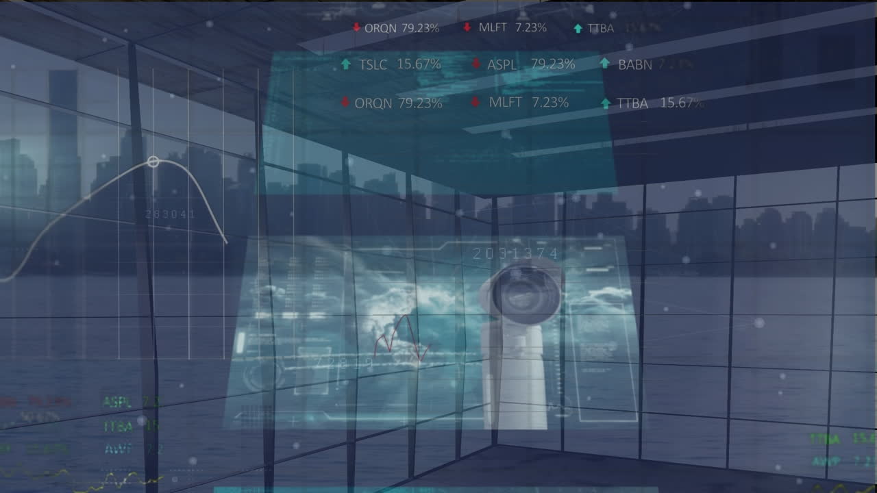 도시 풍경 위의 데이터 처리 애니메이션