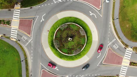 aerial top down drone view zooming in of traffic circle roundabout