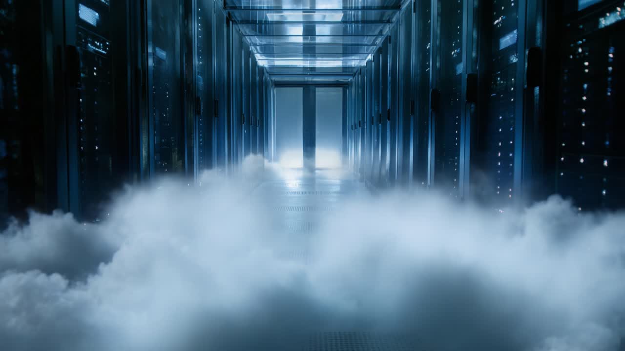 A Mysterious Path Through a High-Tech Server Room Surrounded by Clouds, Illuminated by Soft Light, Creating an Enigmatic Atmosphere of Technology and Innovation