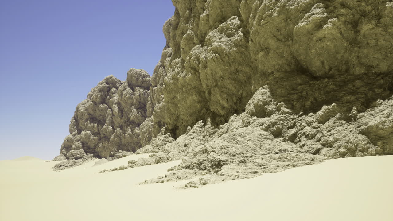 Rocky formations in a vast desert landscape with clear blue sky