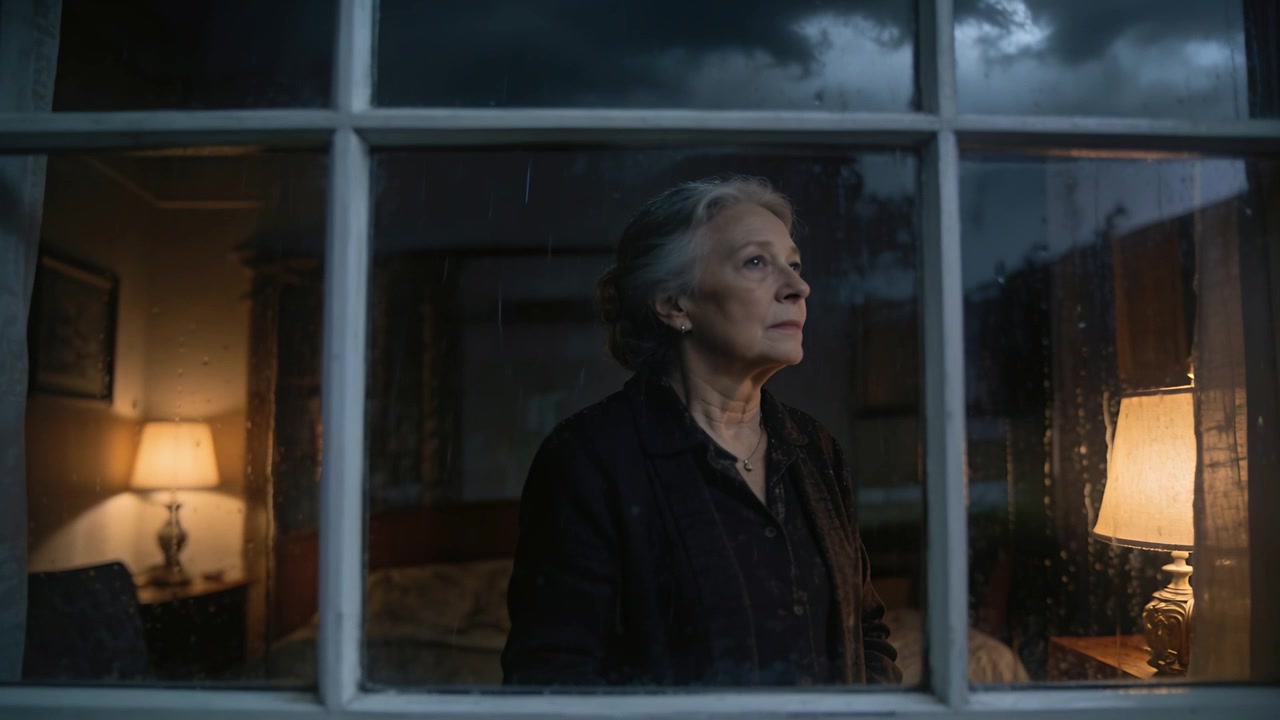 Rain tapping multi-pane window, causing senior woman turning head, gazing sky in bedroom, lit lamps