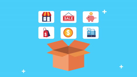 caja de cartón con iconos de menú de comercio electrónico